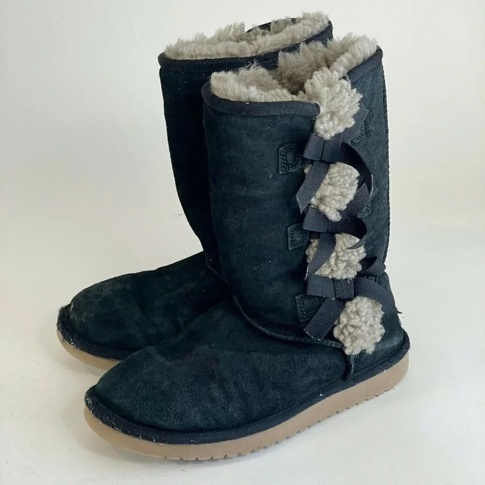 Koolaburra UGG Women‎ Victoria Tall Soft Suede Fur Snow Boots Black Sz 7 1015875